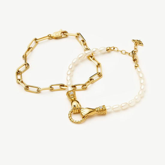 In Good Hands Pearl & Chain Bracelet Set | 18k Gold Plated / Pearl & Black Onyx Bracelets Missoma 