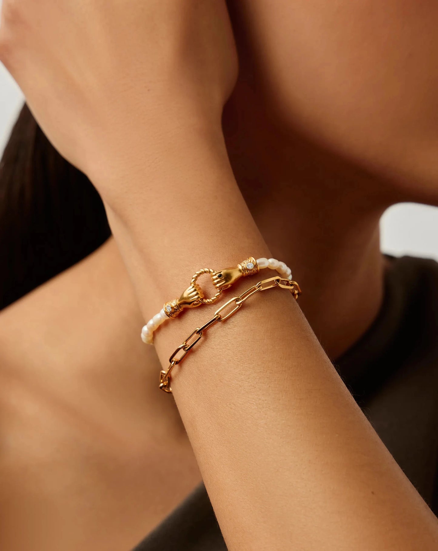 In Good Hands Pearl & Chain Bracelet Set | 18k Gold Plated / Pearl & Black Onyx Bracelets Missoma 