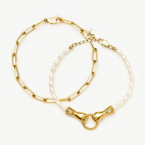 In Good Hands Pearl & Chain Bracelet Set | 18k Gold Plated / Pearl & Black Onyx Bracelets Missoma 