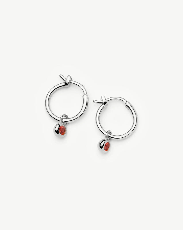 January Birthstone Mini Charm Hoop Earrings | Sterling Silver/Garnet