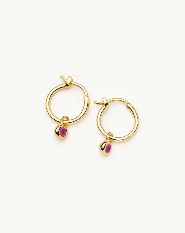 July Birthstone Mini Charm Hoop Earrings | 18k Gold Vermeil/Glass Filled Ruby