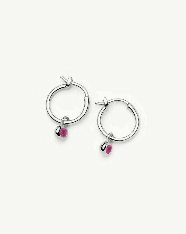 July Birthstone Mini Charm Hoop Earrings | Sterling Silver/Glass Filled Ruby