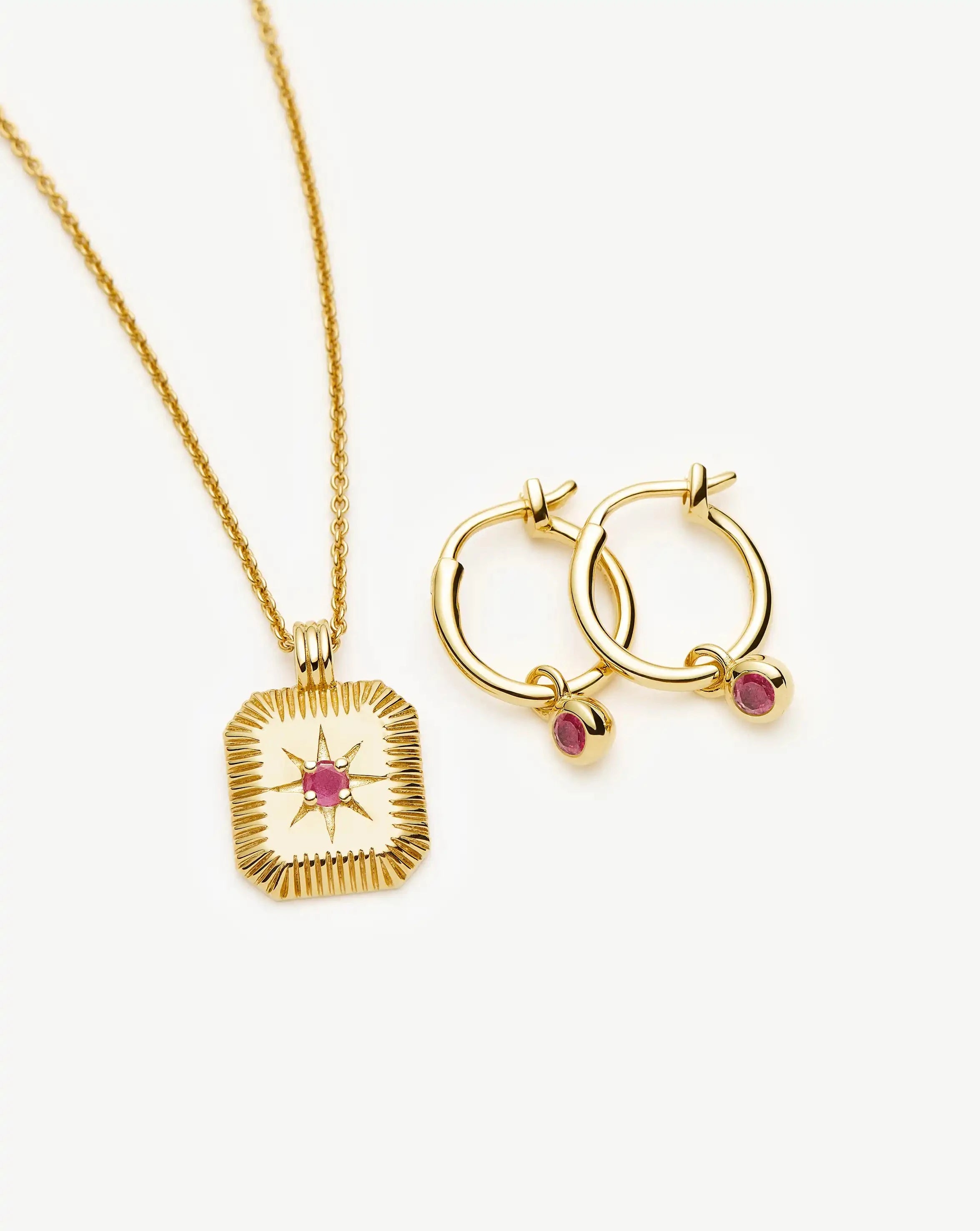 July Birthstone Necklace & Charm Earrings Set | 18k Gold Vermeil/Glass Filled Ruby Necklaces Missoma 