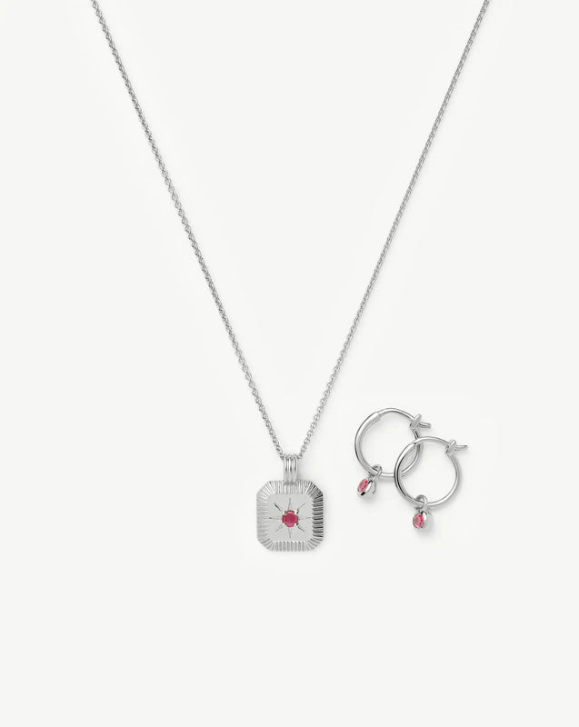 July Birthstone Necklace & Charm Earrings Set | Sterling Silver/Glass Filled Ruby