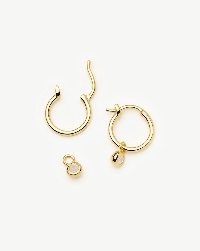 June Birthstone Mini Charm Hoop Earrings | 18k Gold Vermeil/Rainbow Moonstone