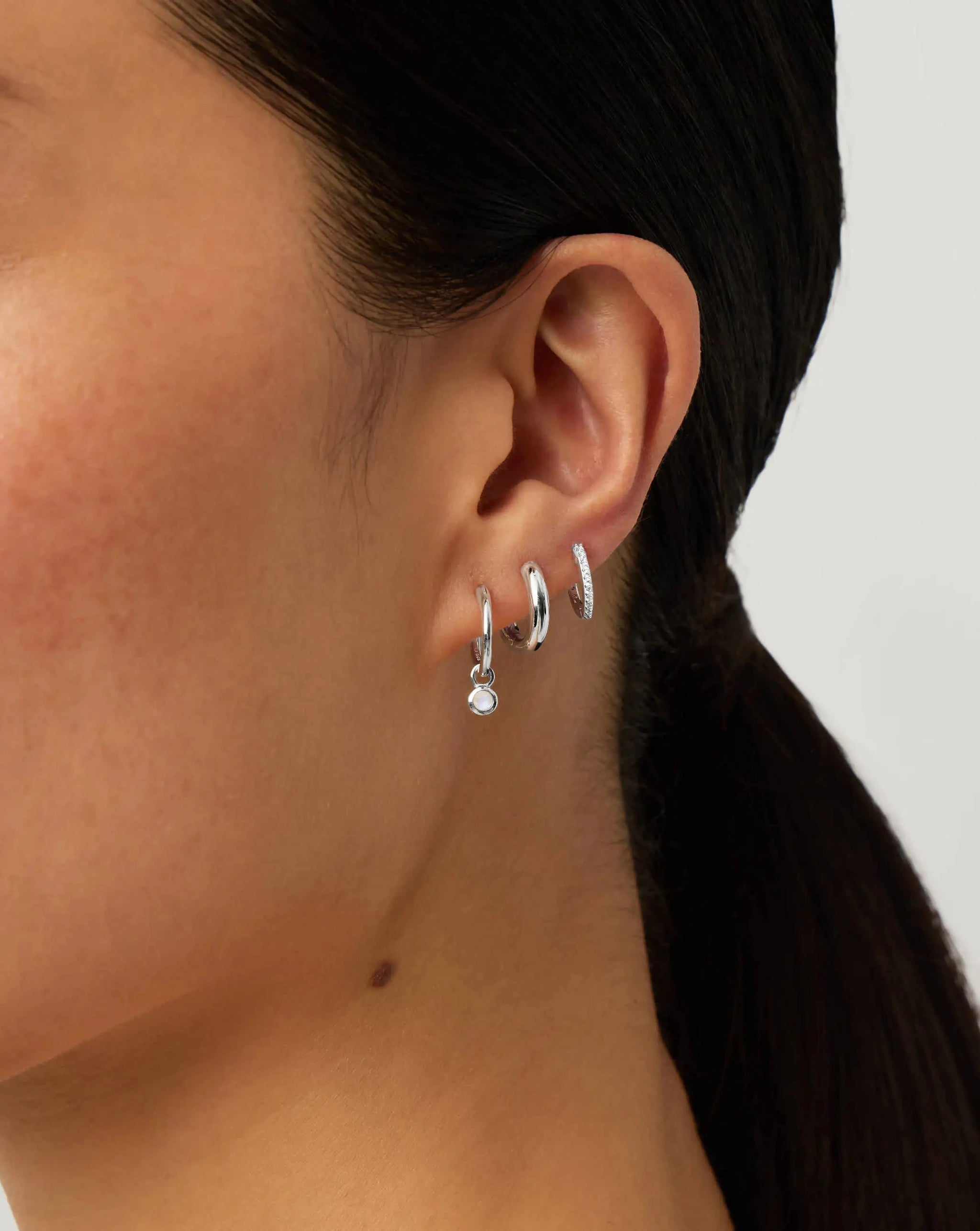 June Birthstone Mini Charm Hoop Earrings | Sterling Silver/Rainbow Moonstone Earrings Missoma 