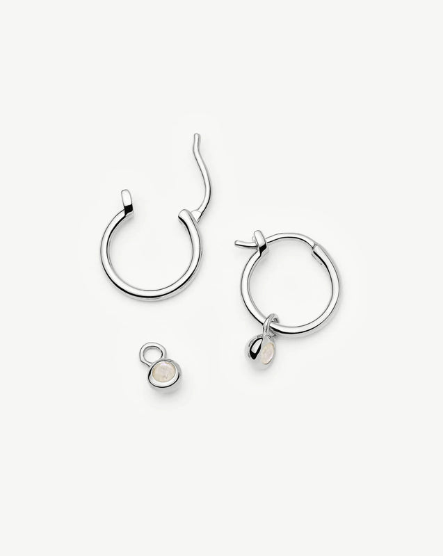 June Birthstone Mini Charm Hoop Earrings | Sterling Silver/Rainbow Moonstone
