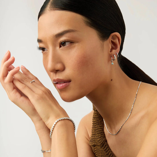 March Birthstone Mini Charm Hoop Earrings | Sterling Silver/Milky Aquamarine Earrings Missoma 