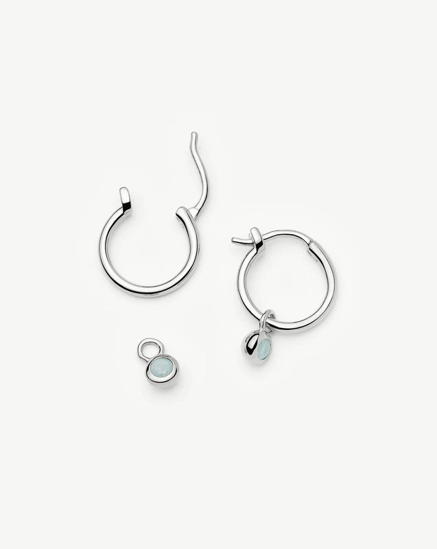 March Birthstone Mini Charm Hoop Earrings | Sterling Silver/Milky Aquamarine