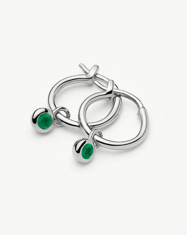 May Birthstone Mini Charm Hoop Earrings | Sterling Silver/Green Onyx