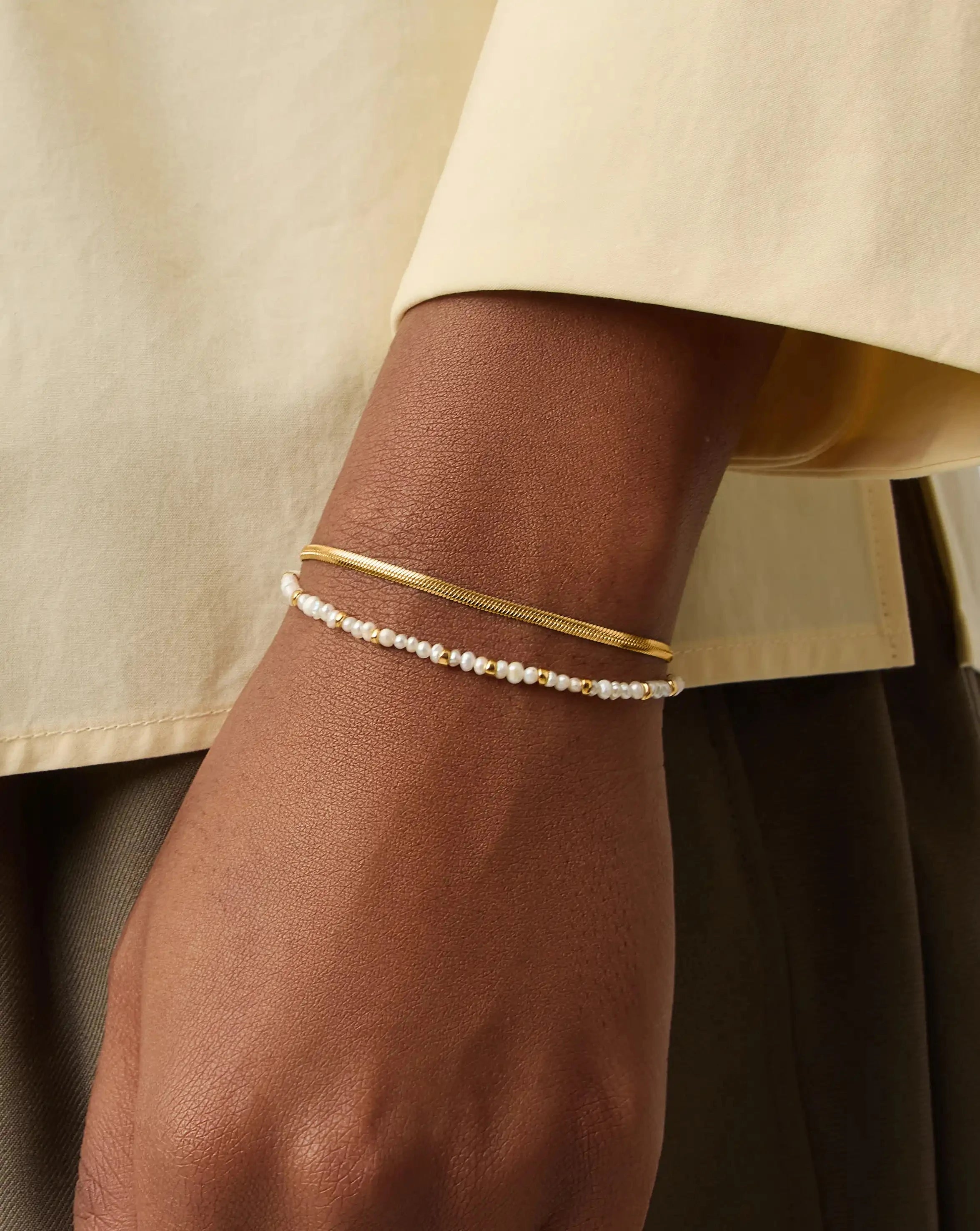 Micro Pearl Beaded & Thin Snake Chain Bracelet Set | 18k Gold Plated/Pearl Bracelets Missoma 