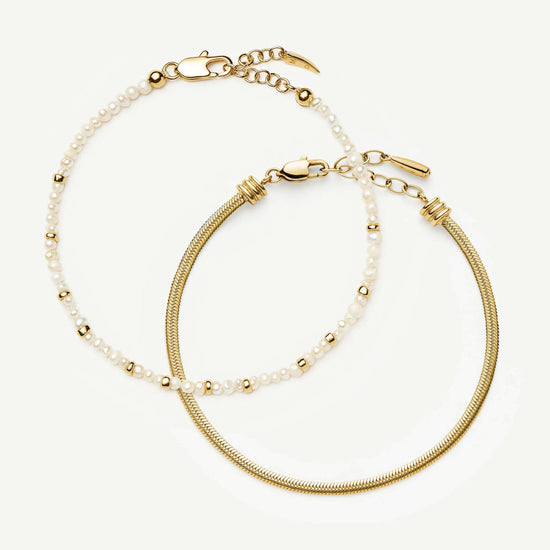 Micro Pearl Beaded & Thin Snake Chain Bracelet Set | 18k Gold Plated/Pearl Bracelets Missoma 