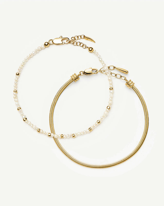 Micro Pearl Beaded & Thin Snake Chain Bracelet Set | 18k Gold Plated/Pearl