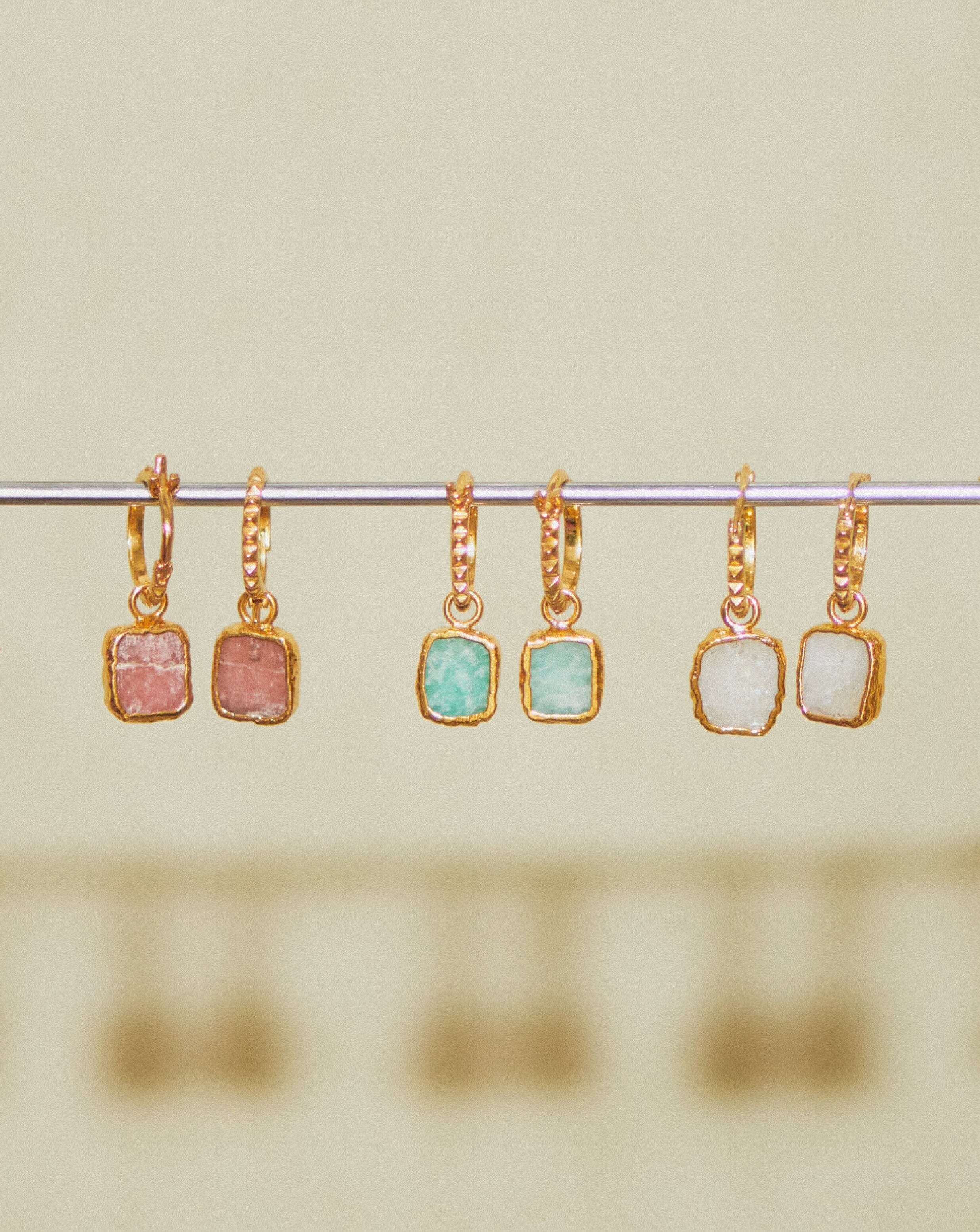 Mini Pyramid Charm Hoop Earrings | 18ct Gold Plated Vermeil/Rhodochrosite