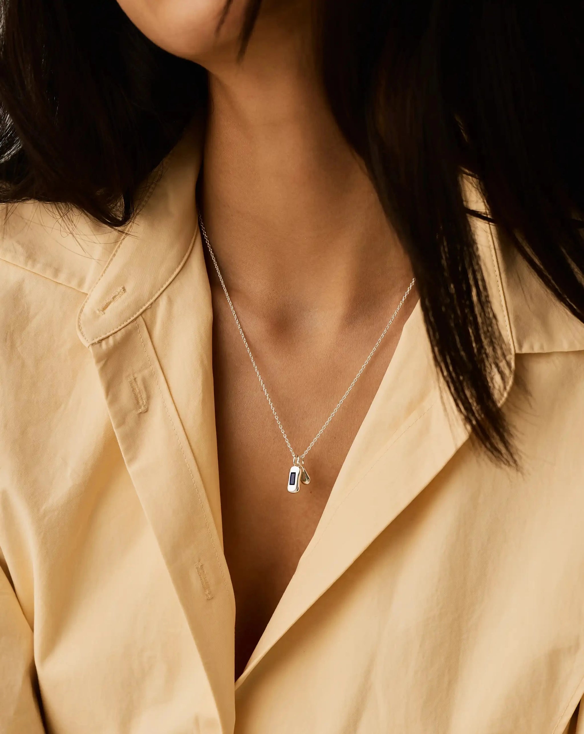 Molten Gemstone Bean Pendant Necklace | Silver Plated/Blue Onyx and Lab Grown Sapphire Necklaces Missoma 