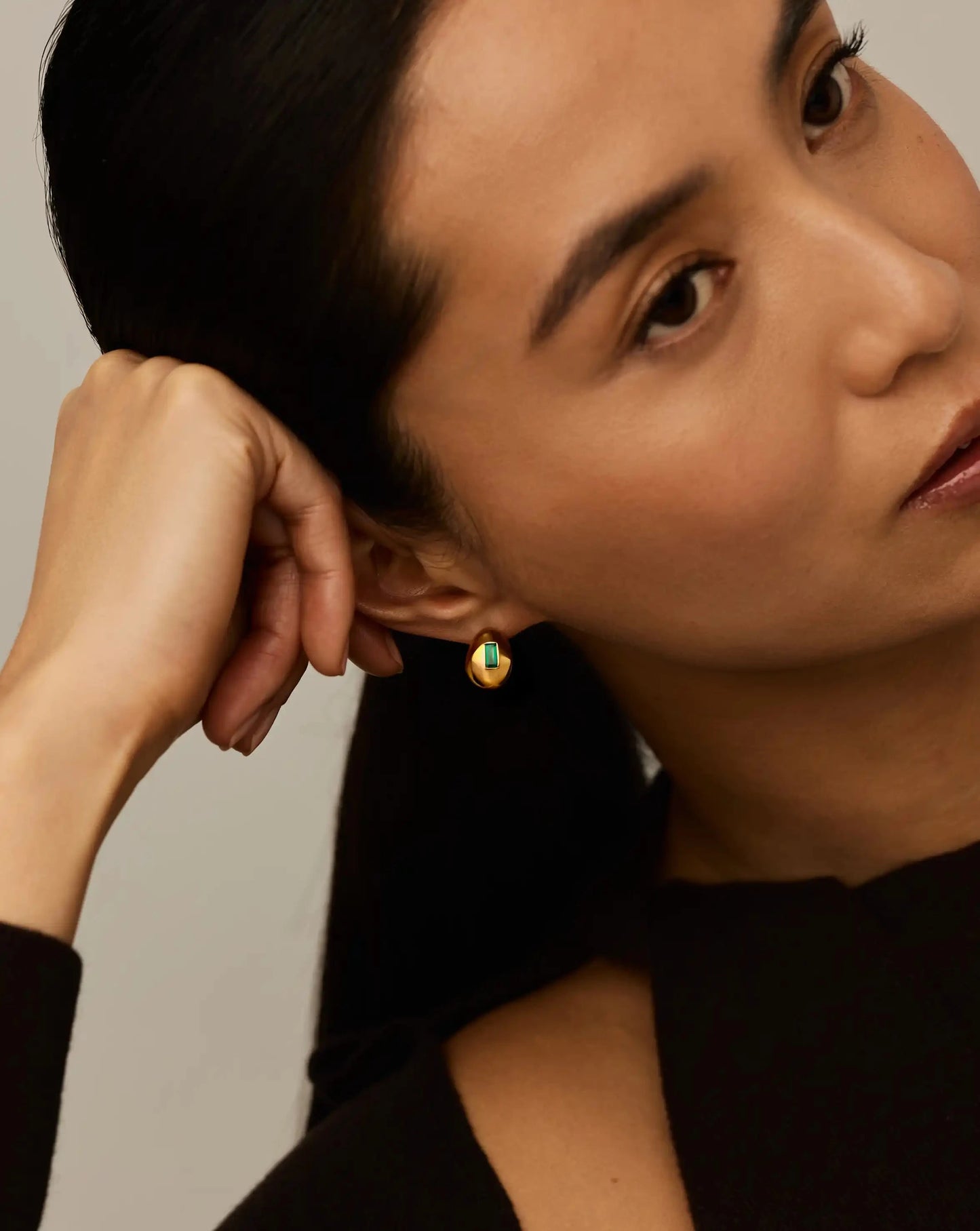 Molten Gemstone Dome Small Hoop Earrings | 18k Gold Plated/Green Onyx Earrings Missoma 