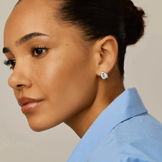 Molten Gemstone Dome Small Hoop Earrings | Silver Plated/Lab Grown Blue Sapphire Earrings Missoma 