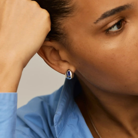 Molten Gemstone Dome Small Hoop Earrings | Silver Plated/Lab Grown Blue Sapphire Earrings Missoma 