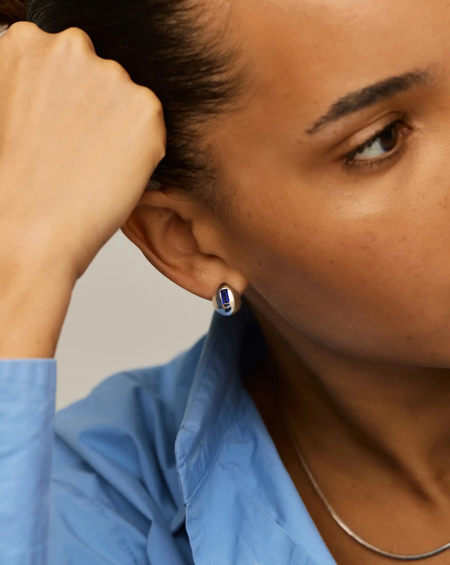 Molten Gemstone Dome Small Hoop Earrings | Silver Plated/Lab Grown Blue Sapphire Earrings Missoma 