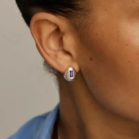 Molten Gemstone Dome Small Hoop Earrings | Silver Plated/Lab Grown Blue Sapphire Earrings Missoma 