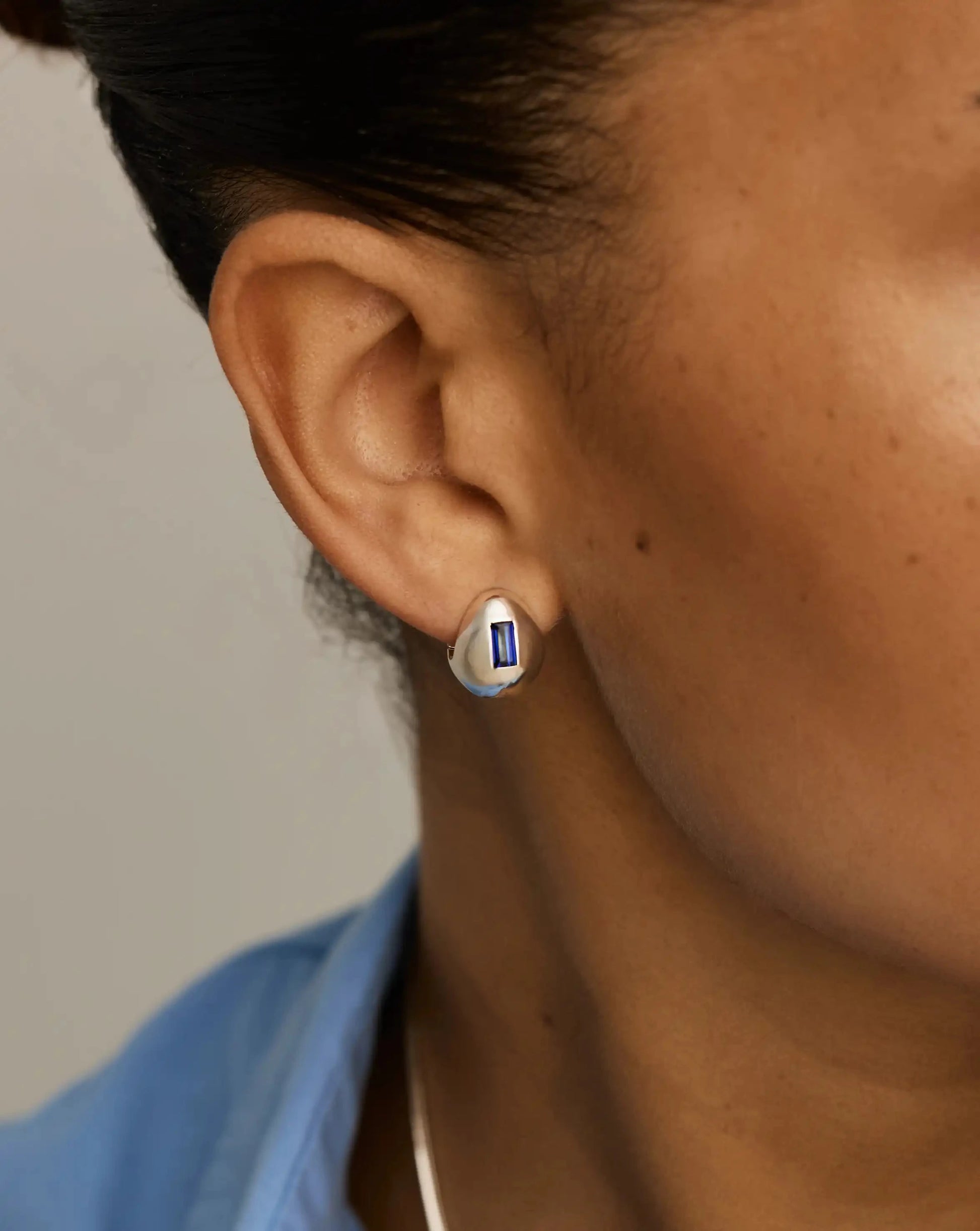 Molten Gemstone Dome Small Hoop Earrings | Silver Plated/Lab Grown Blue Sapphire Earrings Missoma 