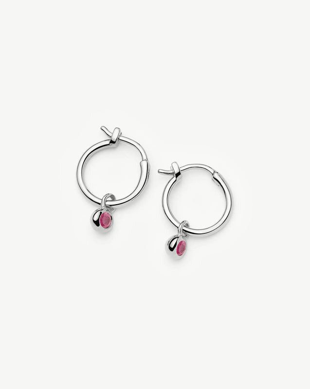 October Birthstone Mini Charm Hoop Earrings | Sterling Silver/Pink Tourmaline