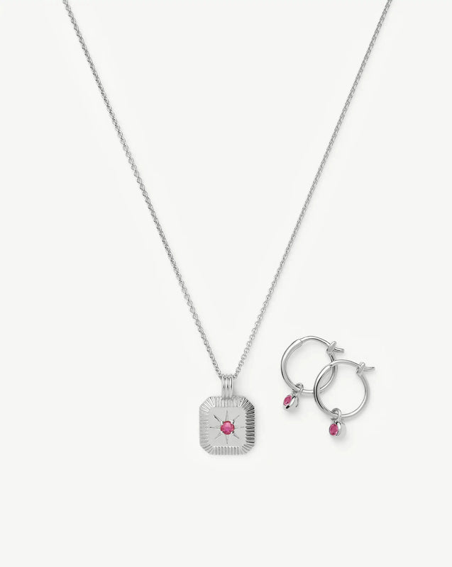 October Birthstone Necklace & Charm Earrings Set | Sterling Silver/Pink Tourmaline
