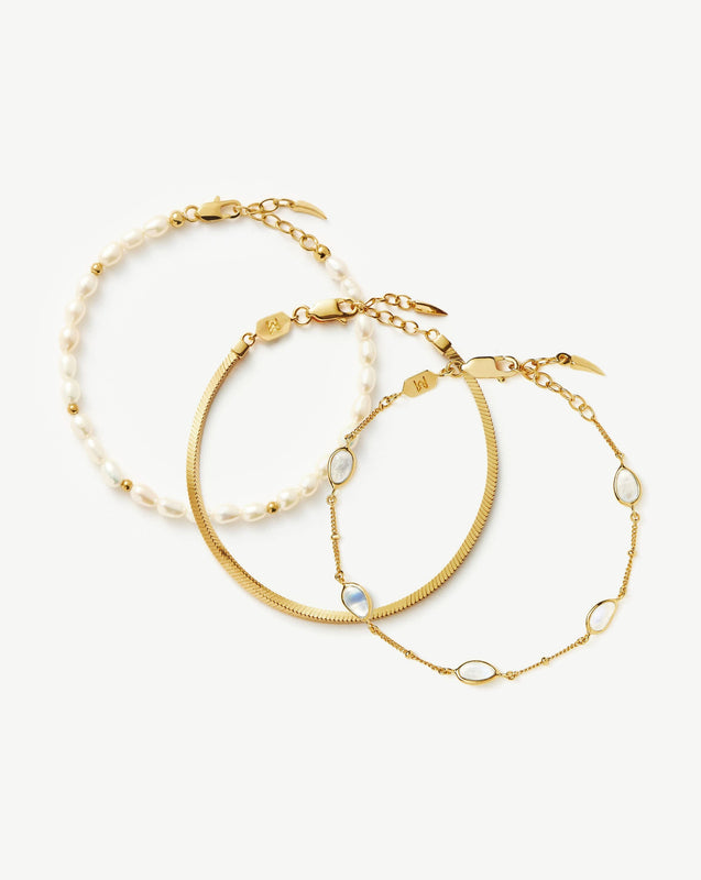 Pearl & Snake Chain Triple Bracelet Set | 18k Gold Plated