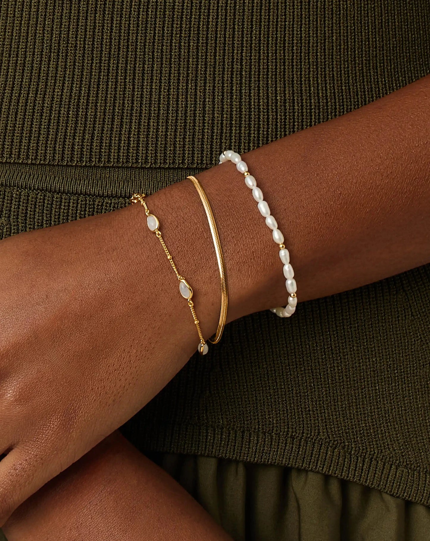 Pearl & Snake Chain Triple Bracelet Set | 18k Gold Plated/Pearl Bracelets Missoma 