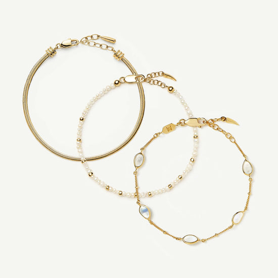 Pearl & Snake Chain Triple Bracelet Set | 18k Gold Plated/Pearl Bracelets Missoma 