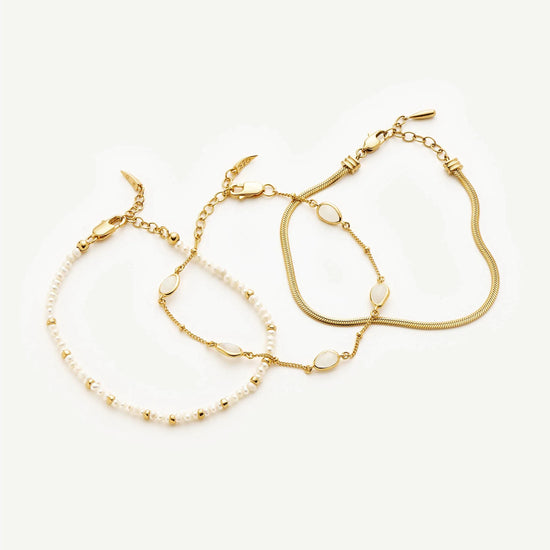 Pearl & Snake Chain Triple Bracelet Set | 18k Gold Plated/Pearl Bracelets Missoma 