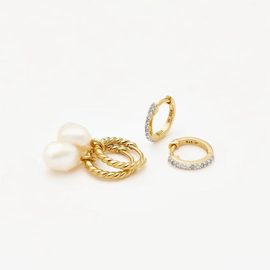 Pearl Twisted Drop Earrings & Classic Pave Huggies Set | 18k Gold Vermeil/Pearl/Cubic Zirconia Earrings Missoma 