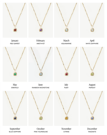 14k solid gold birthstone necklace with delicate chain and square pendant showing each birthstone month