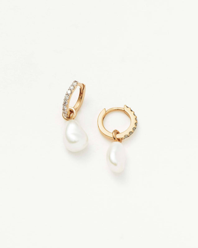 Solid Gold Diamond & Pearl Charm Hoop Earrings | 9k Yellow Gold/Pearl & Diamond