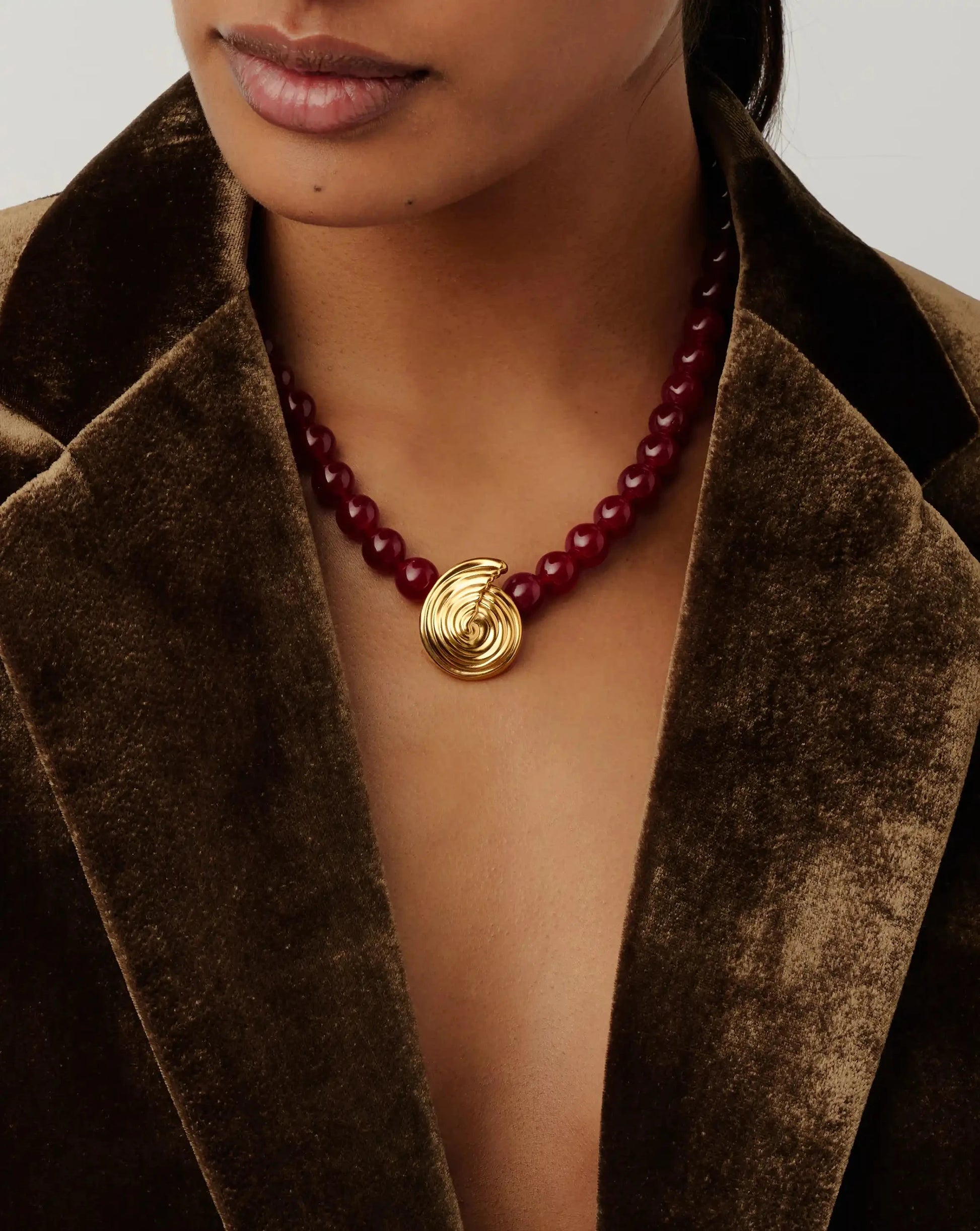 Spiral Gemstone Beaded Pendant Necklace | 18k Gold Plated/Dark Cherry Crystal Quartz Necklaces Missoma 