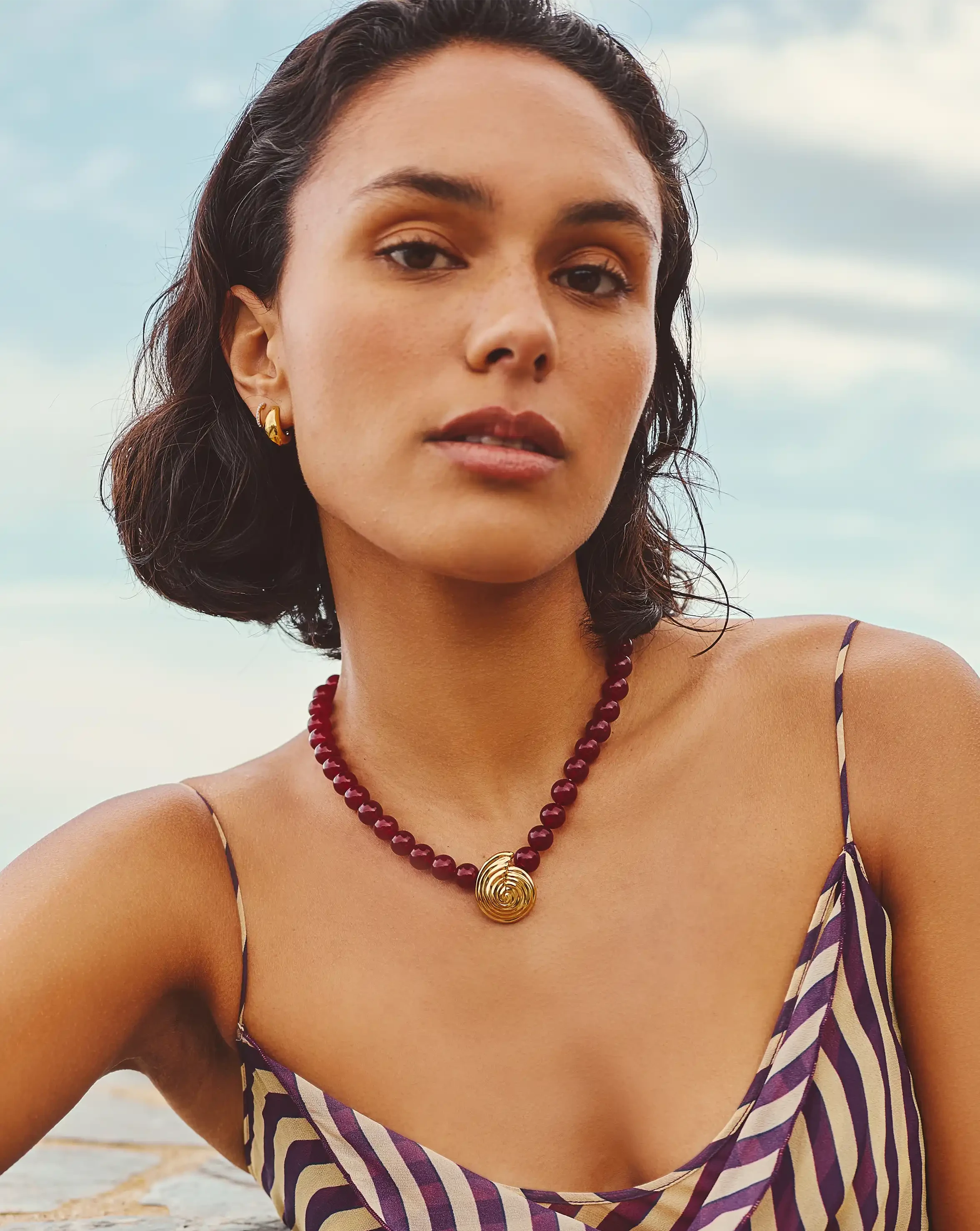 Spiral Gemstone Beaded Pendant Necklace | 18k Gold Plated/Dark Cherry Crystal Quartz Necklaces Missoma 