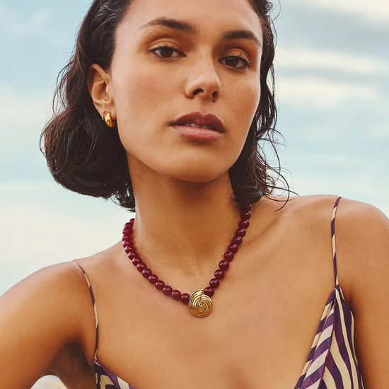 Spiral Gemstone Beaded Pendant Necklace | 18k Gold Plated/Dark Cherry Crystal Quartz Necklaces Missoma 