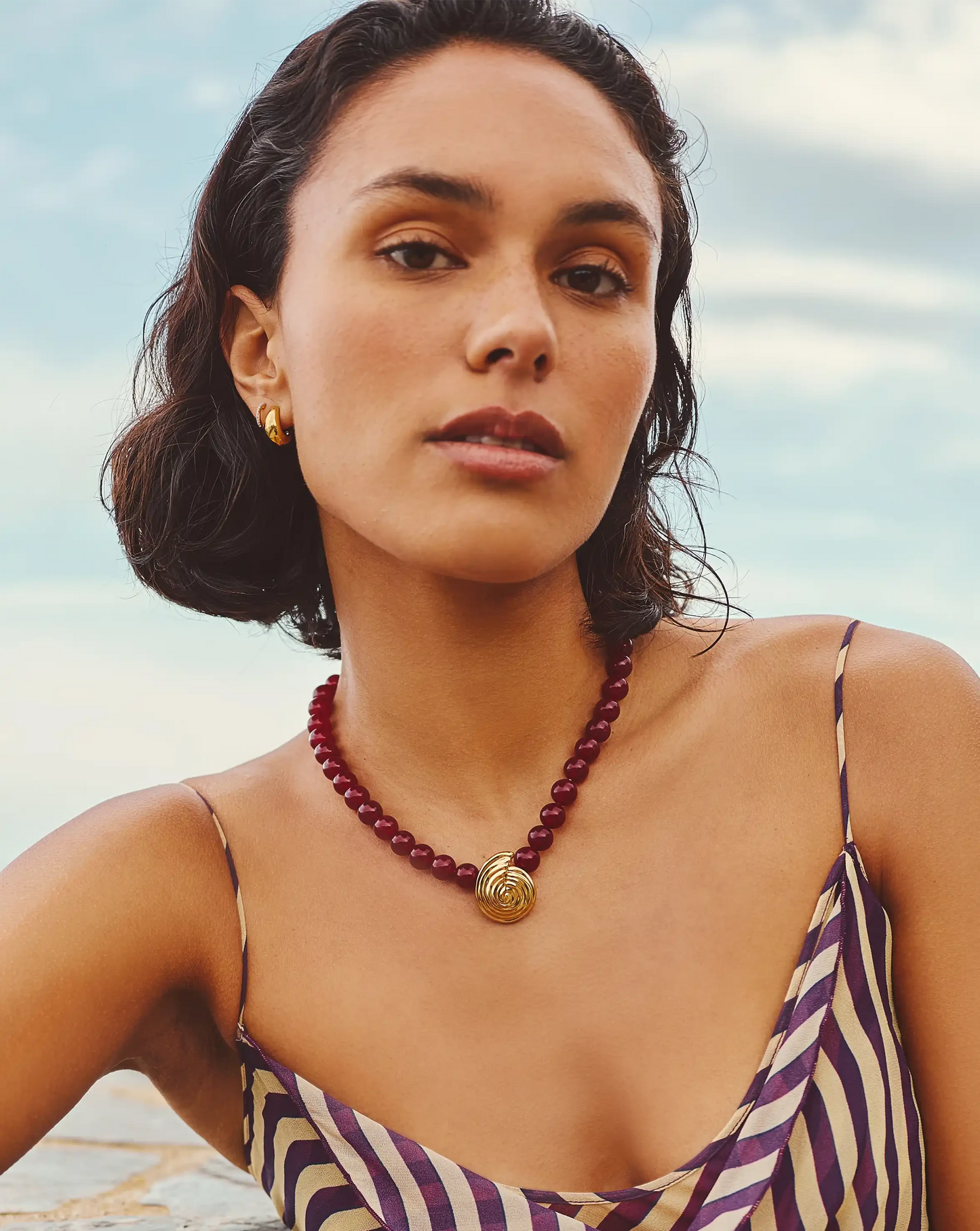 Spiral Gemstone Beaded Pendant Necklace | 18k Gold Plated/Dark Cherry Crystal Quartz Necklaces Missoma 