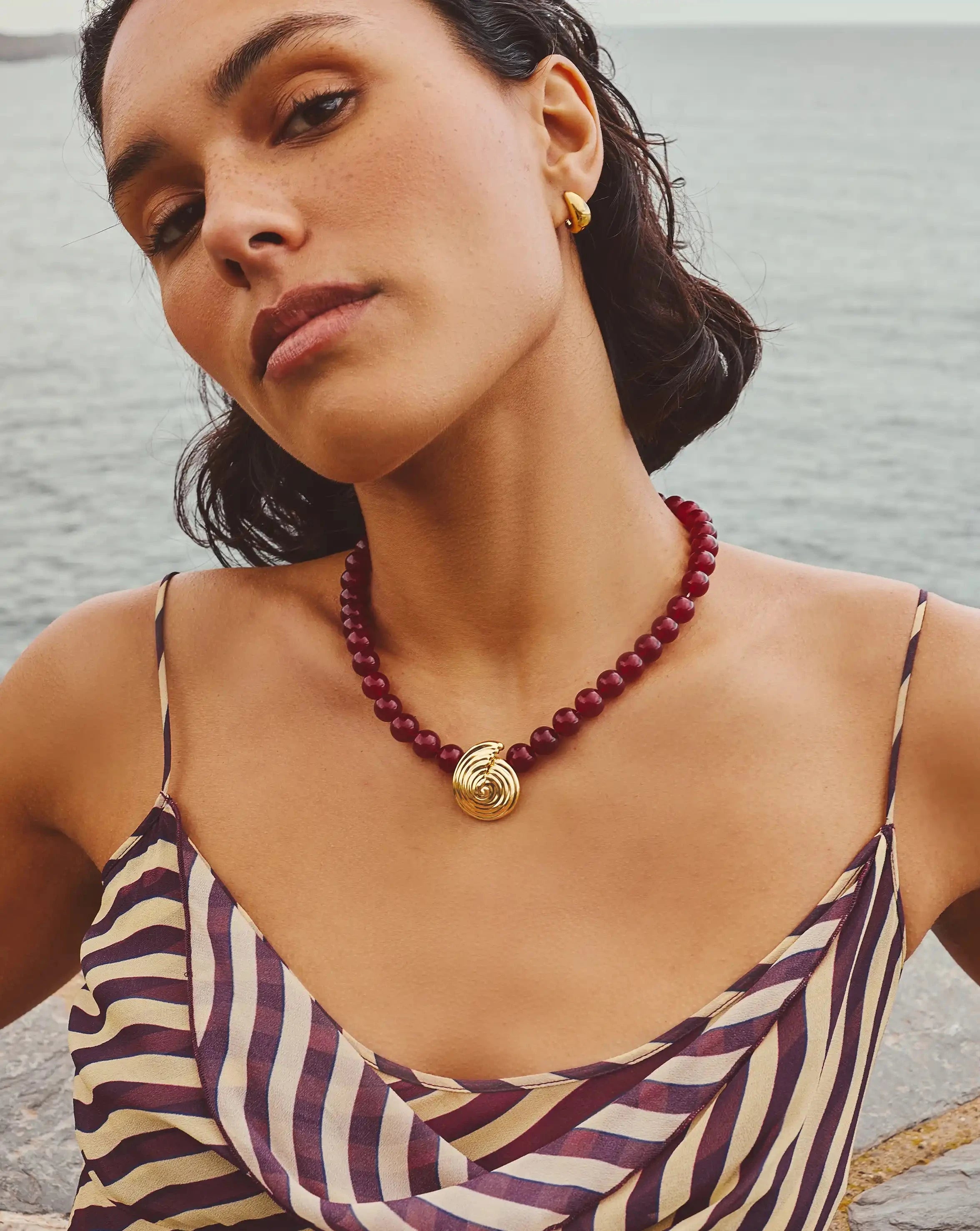Spiral Gemstone Beaded Pendant Necklace | 18k Gold Plated/Dark Cherry Crystal Quartz Necklaces Missoma 