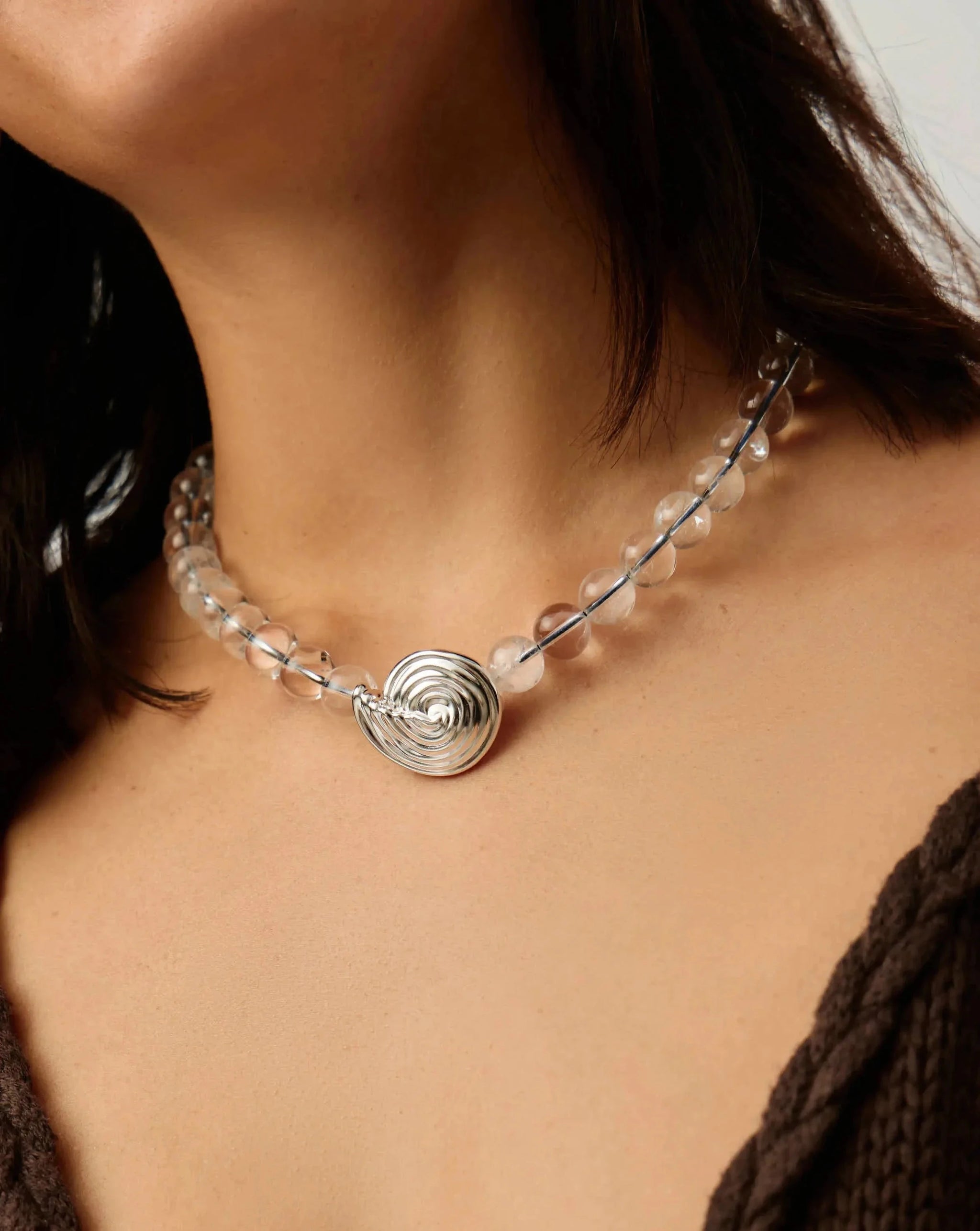 Spiral Gemstone Beaded Pendant Necklace | Silver Plated/Clear Crystal Quartz Necklaces Missoma 