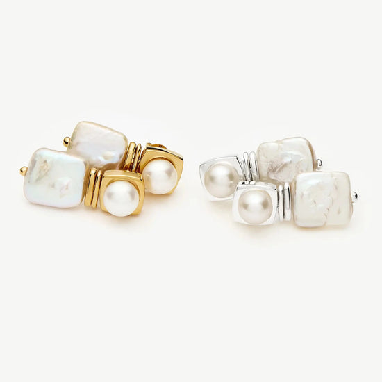 Square Pearl Small Stud Earrings | Silver Plated Earrings Missoma 