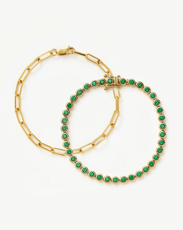 Tennis & Paperclip Bracelet Set | 18k Gold Plated/18k Gold Vermeil/Emerald Green Nano-crystal