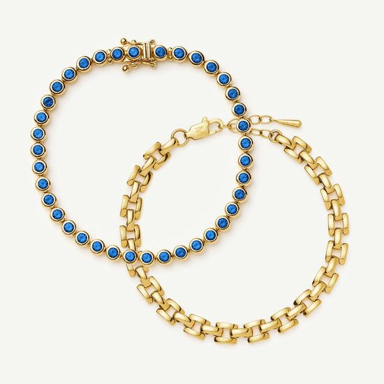 Tennis & Timepiece Bracelet Set | 18k Gold Plated/18k Gold Vermeil/Sapphire Blue Nano-crystal Bracelets Missoma 