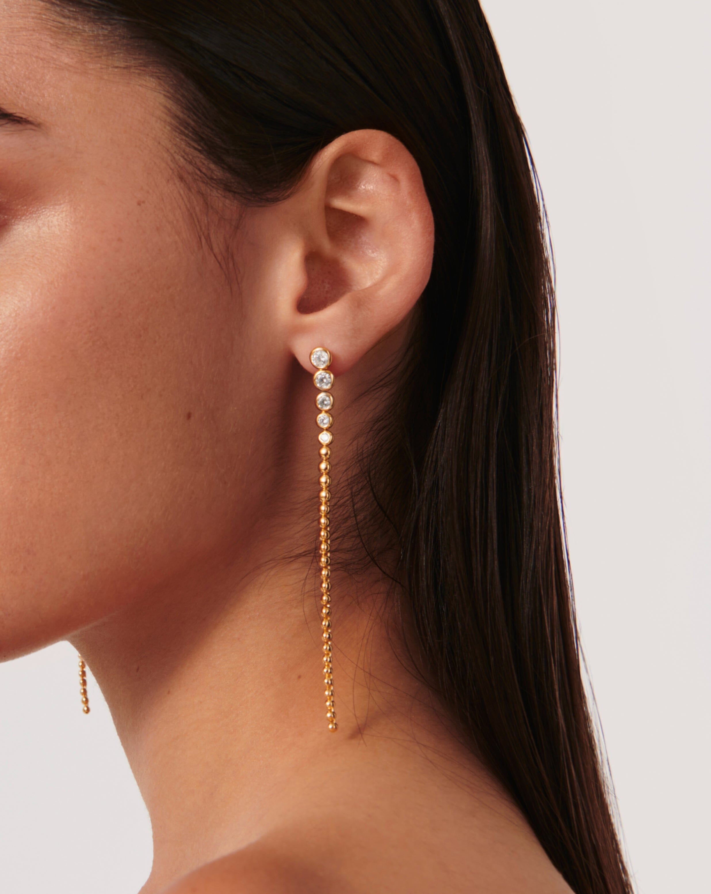 Articulated Beaded Stone Extra Long Drop Stud Earrings | 18ct Gold Plated Vermeil/Cubic Zirconia Earrings Missoma 