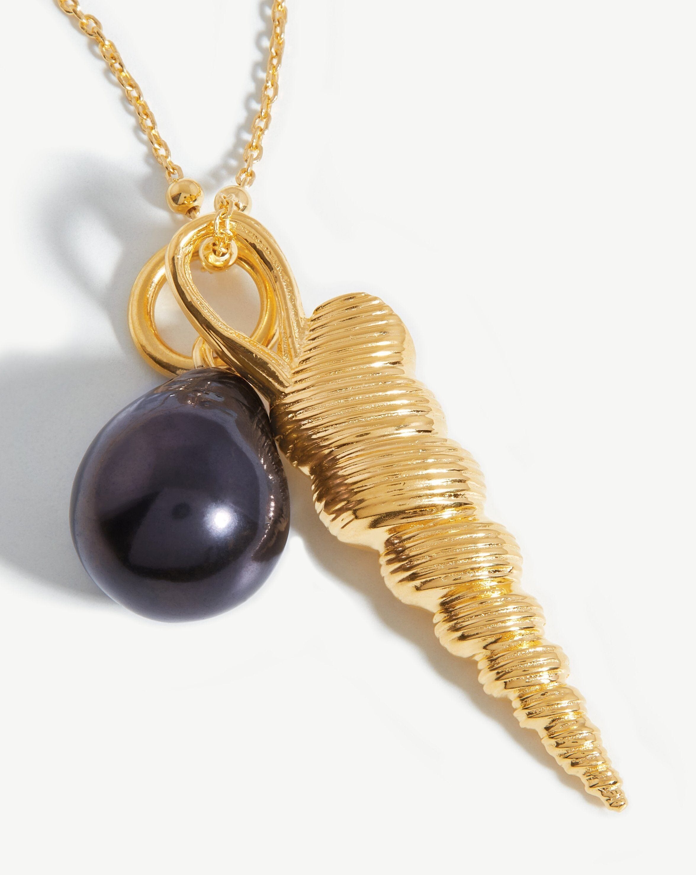 Baroque Pearl & Spiral Shell Pendant Necklace | 18ct Gold Plated/Grey Pearl Necklaces Missoma Limited 