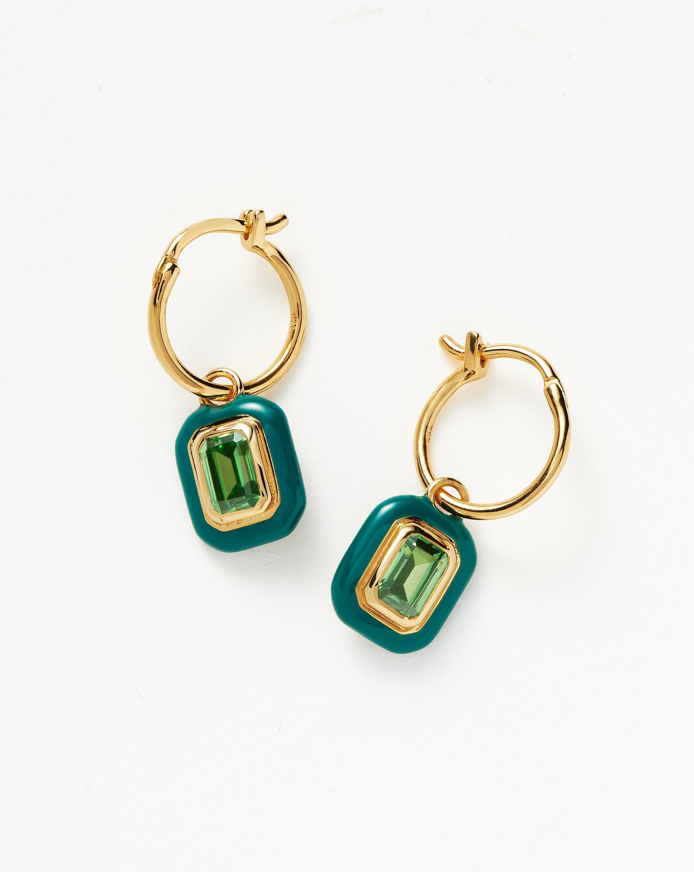 Enamel & Stone Charm Mini Hoop Earrings | 18ct Gold Plated Vermeil/Green Cubic Zirconia Earrings Missoma 