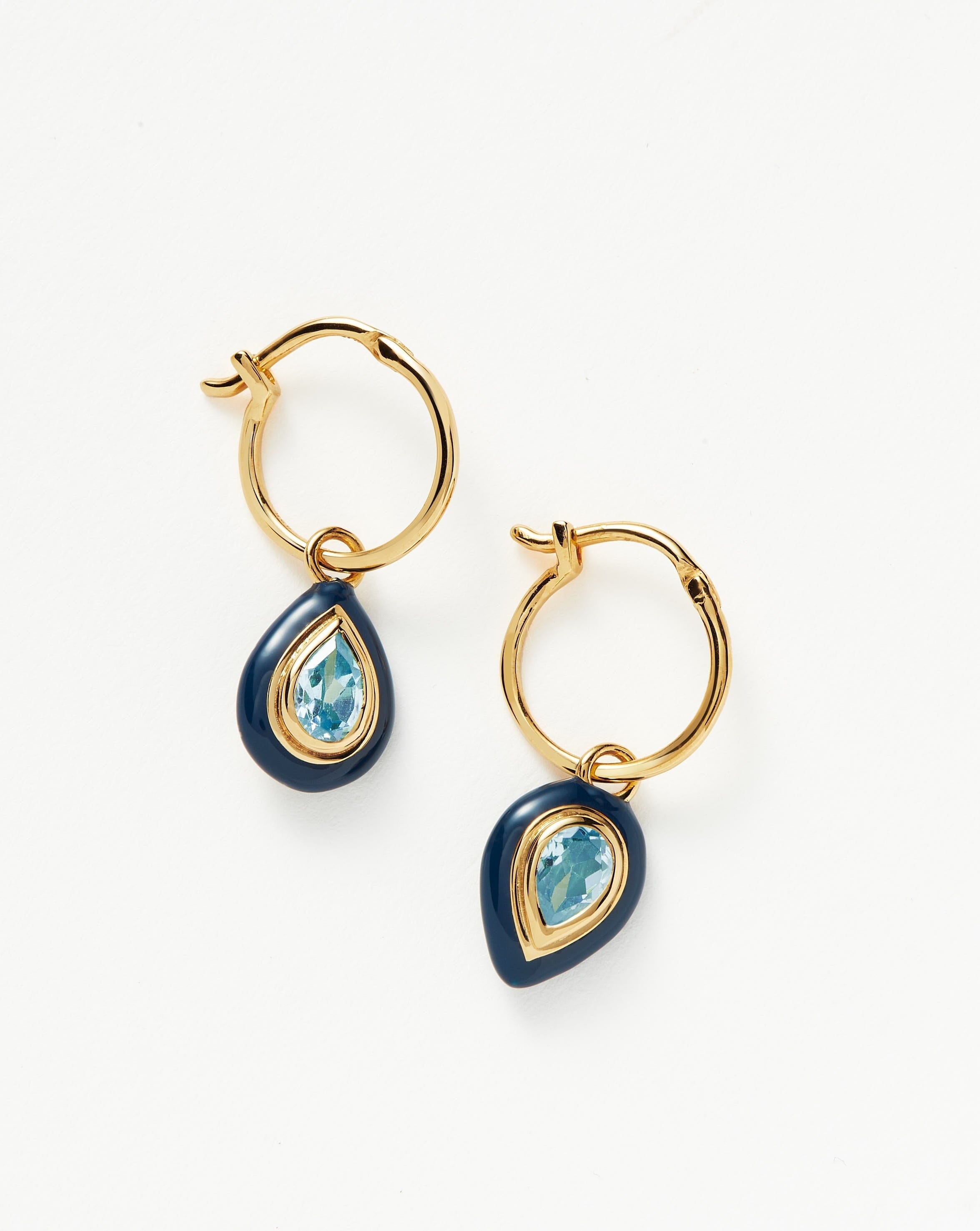 Enamel & Stone Droplet Charm Mini Hoop Earrings | 18ct Gold Plated Vermeil/Aqua Blue Cubic Zirconia Earrings Missoma 