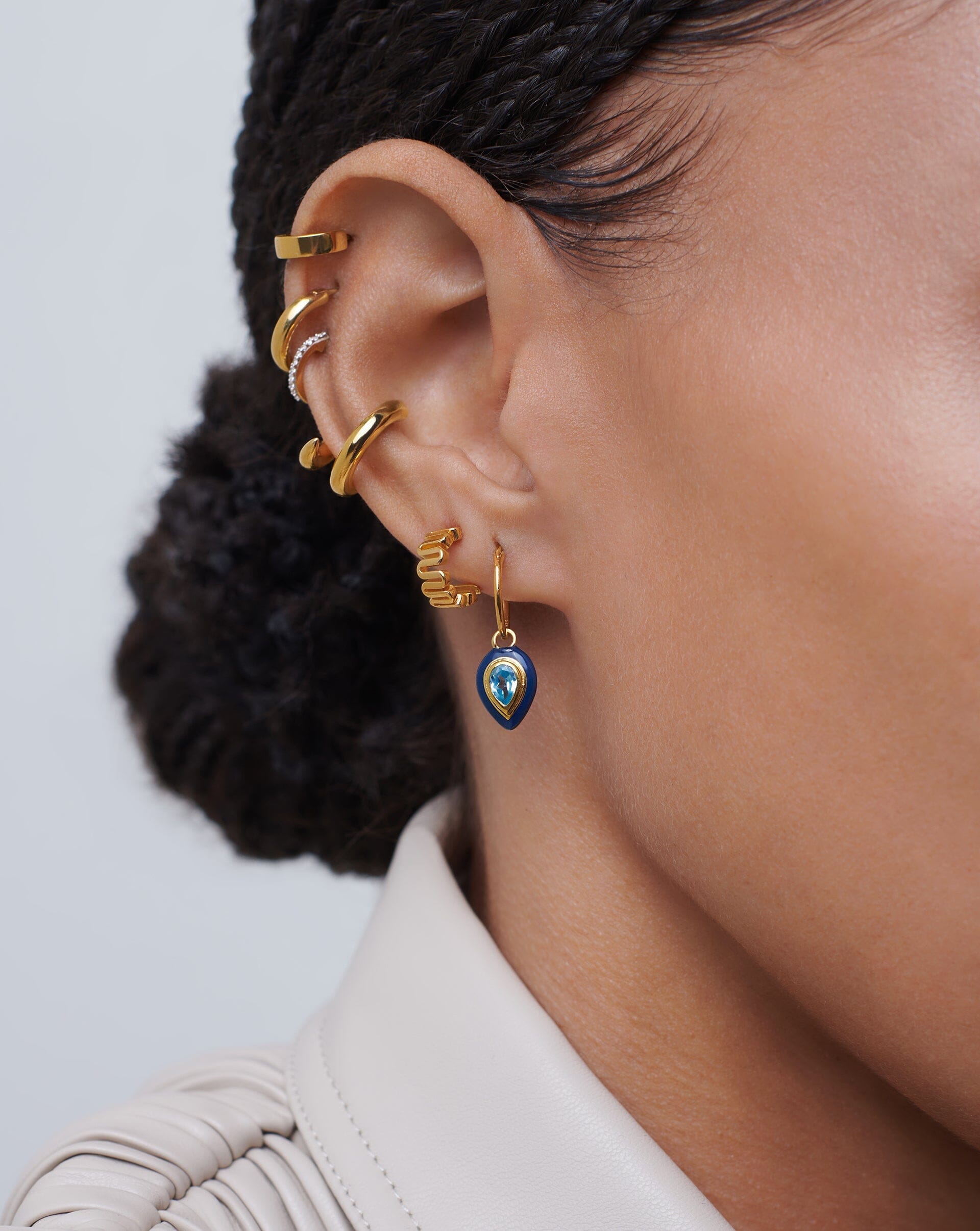 Enamel & Stone Droplet Charm Mini Hoop Earrings | 18ct Gold Plated Vermeil/Aqua Blue Cubic Zirconia Earrings Missoma 