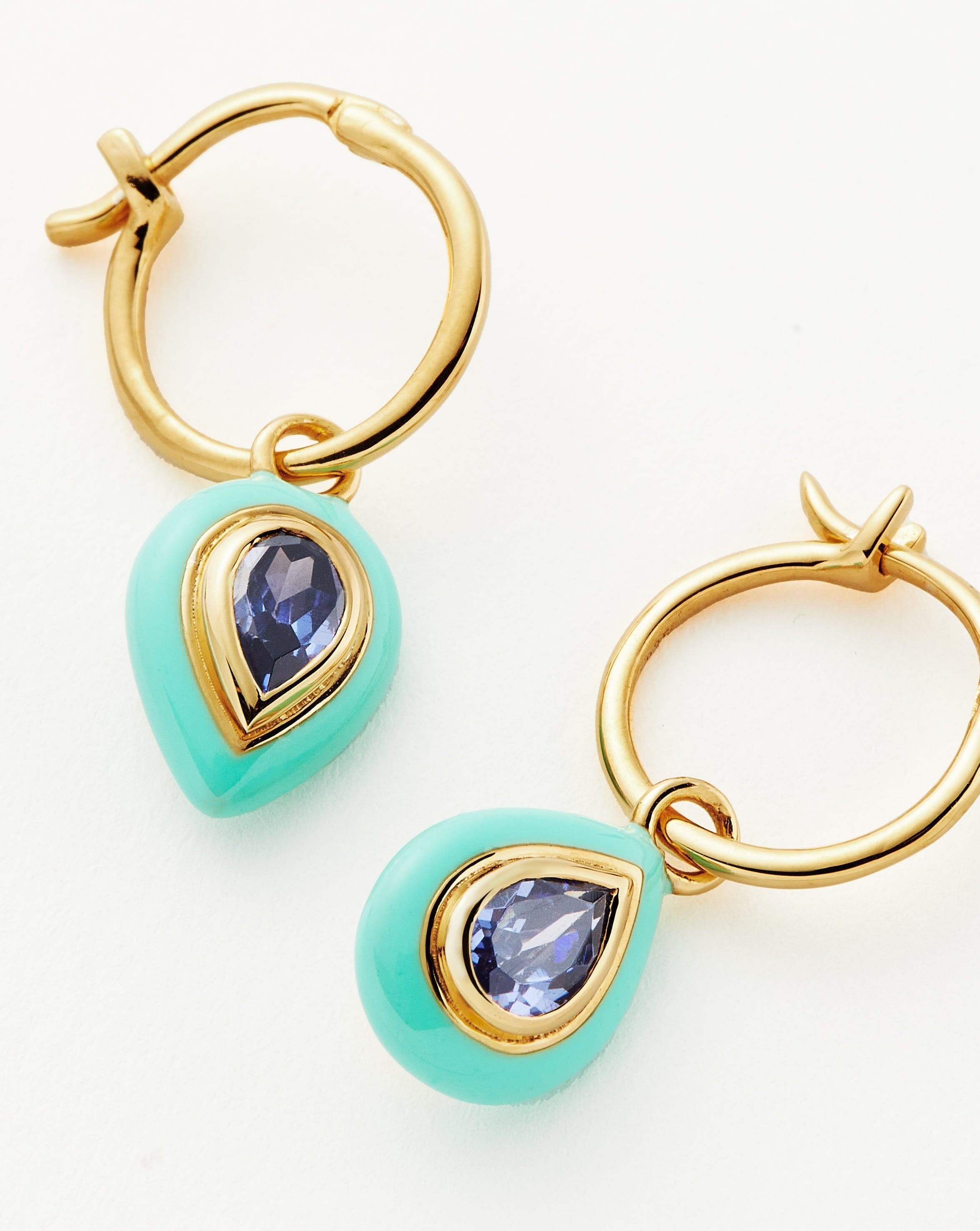 Enamel & Stone Droplet Charm Mini Hoop Earrings | 18ct Gold Plated Vermeil/Blue Cubic Zirconia Earrings Missoma 