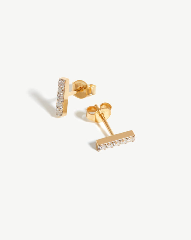 Solid Gold Diamond Bar Stud Earrings | 9k Yellow Gold/Diamond